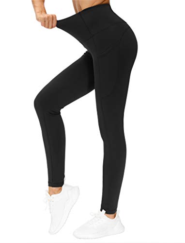 THE GYM PEOPLE Pantalones de Yoga Gruesos de Cintura Alta con Bolsillos, Control de Abdomen, Leggings de Yoga para Mujer, Negro, M