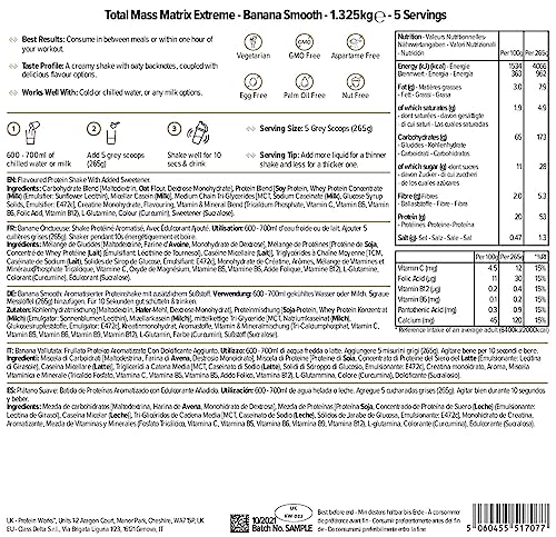 THE PROTEIN WORKS Total Mass Matrix Extreme Protein Powder | Masa Muscular | Alto en Calorías Para Ganar Masa | Con Glutamina, Creatina y Vitaminas | Plátano Suave | 1.325kg