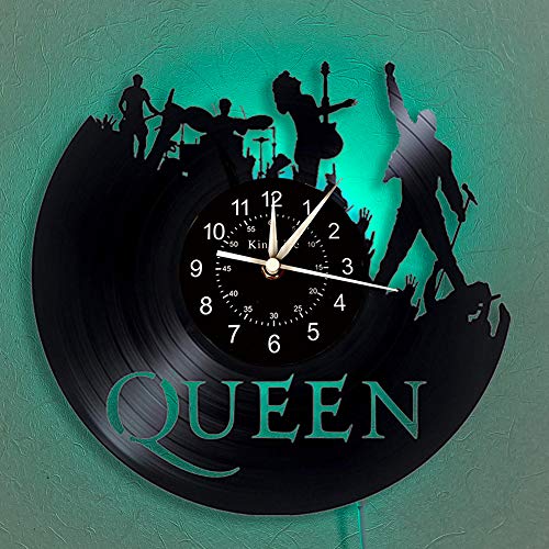 The Queen Rock Music Band Reloj de pared de vinilo LED 7 colores lámpara de noche retro reloj de pared sala de estar cocina regalos únicos hechos a mano decoración de pared del hogar (con luz)