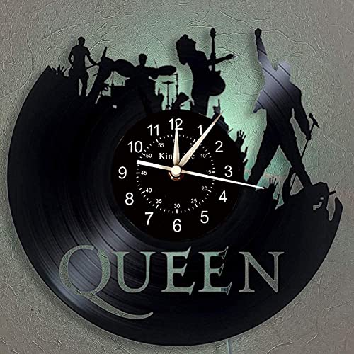 The Queen Rock Music Band Reloj de pared de vinilo LED 7 colores lámpara de noche retro reloj de pared sala de estar cocina regalos únicos hechos a mano decoración de pared del hogar (con luz)