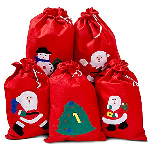 THE TWIDDLERS 5 Sacos de Navidad Papá Noel, Sacos Rojos Santa, Bolsas Regalo Navideñas, 60cm| Fieltro Premium, Ecológico, Resistente| Envoltorio de Regalo Práctico y Fácil para Niños