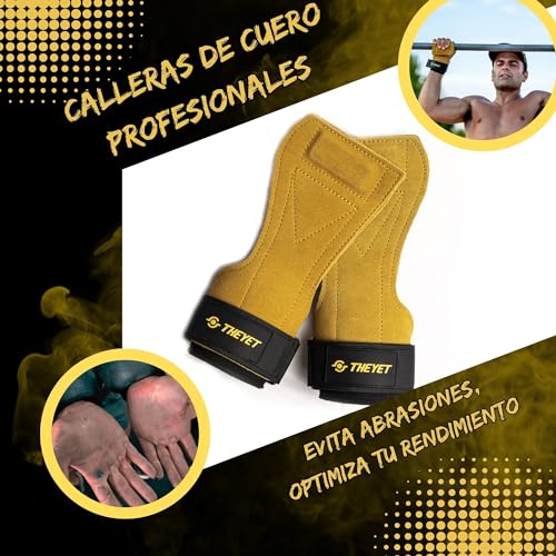 THEYET Calleras para Cross Training de Cuero sin Agujeros Unisex | Guantes Gimnasio Hombre y Mujer | Protección para Manos en Dominadas Pesas Barra Fitness Calistenia Gym (Amarillo)