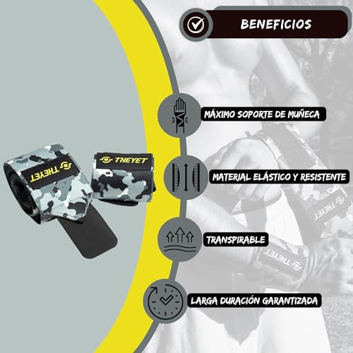 THEYET Muñequeras Deportivas Gym (1 par) Camo para Cross Training y Fitness | Hombre y Mujer | Protecciones de Muñecas Powerlifting Calistenia Halterofilia Crossfit Barras | Wrist Wraps (Gris)