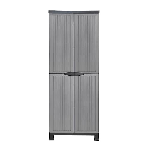 THINIA HOME - Armario de Resina Alto Almacenaje Escobero, Exterior e Interior, Jardín y Terraza, 4 Baldas, 2 Puertas, 60kg Carga Máxima, Dimensiones 39x68x171cm (Largo x Ancho x Alto), Gris o Negro