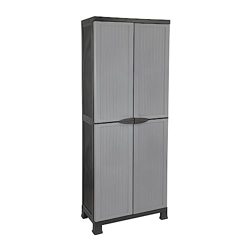 THINIA HOME - Armario de Resina Alto Almacenaje Escobero, Exterior e Interior, Jardín y Terraza, 4 Baldas, 2 Puertas, 60kg Carga Máxima, Dimensiones 39x68x171cm (Largo x Ancho x Alto), Gris o Negro