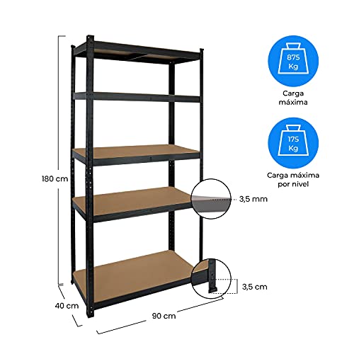 THINIA HOME - Estantería Modular Almacenaje, Acero y MDF Antihumedad, Hogar, Trastero, Garajes y Talleres, 5 Baldas Ajustables, Carga Máxima 875Kg, 90x40x180cm (Largo x Ancho x Alto)