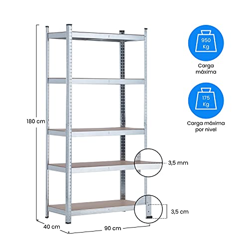 THINIA HOME - Estantería Modular Almacenaje (Pack 2), Acero Galvanizado y MDF Antihumedad, Hogar, Trastero, Garaje, 5 Baldas Ajustables, Carga Máxima 875Kg, 90x40x180cm (Largo x Ancho x Alto)