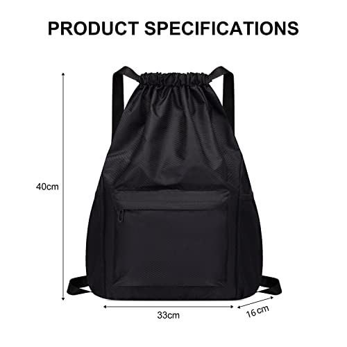 TIANNAIT Mochila negra con cordón, mochila deportiva informal, mochila impermeable con cordón, mochila escolar, unisex, adecuada para acampar, yoga, fitness, viajes, montañismo.