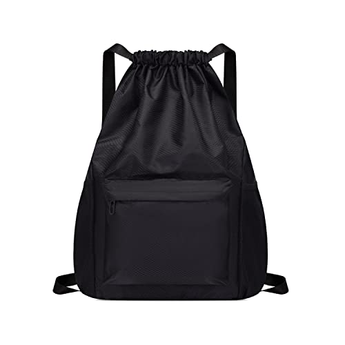 TIANNAIT Mochila negra con cordón, mochila deportiva informal, mochila impermeable con cordón, mochila escolar, unisex, adecuada para acampar, yoga, fitness, viajes, montañismo.