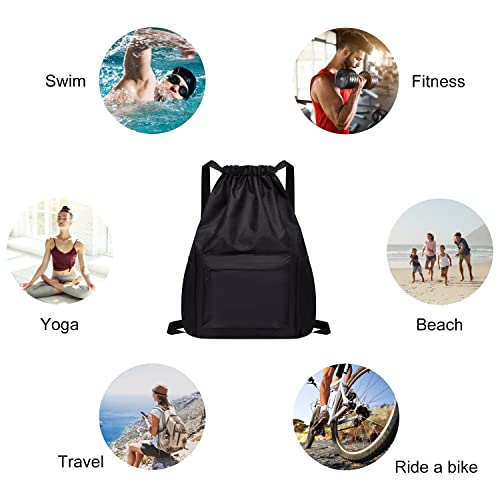 TIANNAIT Mochila negra con cordón, mochila deportiva informal, mochila impermeable con cordón, mochila escolar, unisex, adecuada para acampar, yoga, fitness, viajes, montañismo.