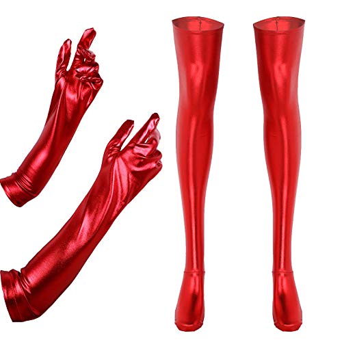 TiaoBug Calcetines Largas Altas Ajustados de Cuero Imitación Negro Sexy Medias de Liga Erótica Mujer Rojo Talla única