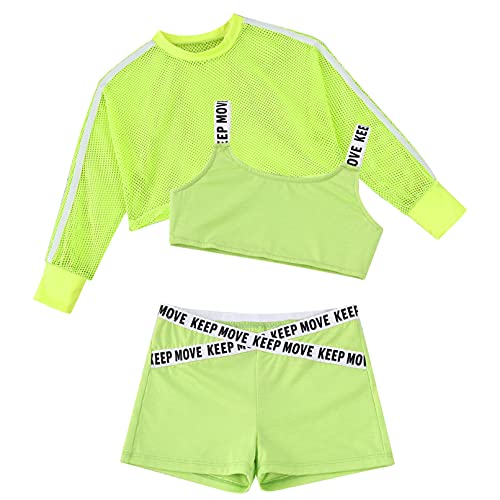 TiaoBug Conjunto Deportivo de Tres Piezas para Niñas Chandal Verano Sudadera con Malla Transpirable Ahuecada+Chaleco Deporte Tanks Top Corto+Pantalones Corto verde 11-12 años