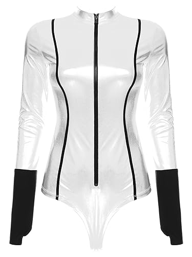 TiaoBug Maillot Danza Ballet Mujer Manga Larga Body Deportivo Gimnasia Cuello Tortuga Brillo Metálico Leotardo Ballet Fitness Bodysuit Ejercicio Elástico Plateado A S