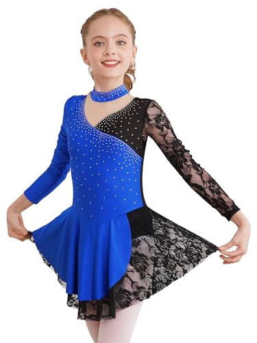 TiaoBug Maillot de Patinaje Artístico para Niña Manga Larga Vestido Lentejuelas de Danza Ballet Leotardo Gimnasia Rítmica Competición Disfraz de Bailarina X Azul real 11-12 años