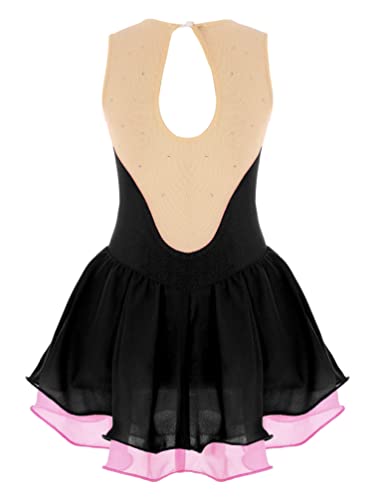 TiaoBug Maillot de Patinaje Artístico para Niñas Competición Vestido Lentejuelas de Baile Leotardo con Falda Tul Body Ballet Disfraz de Baile Actuación G Negro 9-10 años