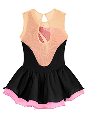 TiaoBug Maillot de Patinaje Artístico para Niñas Competición Vestido Lentejuelas de Baile Leotardo con Falda Tul Body Ballet Disfraz de Baile Actuación G Negro 9-10 años