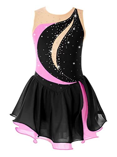 TiaoBug Maillot de Patinaje Artístico para Niñas Competición Vestido Lentejuelas de Baile Leotardo con Falda Tul Body Ballet Disfraz de Baile Actuación G Negro 9-10 años