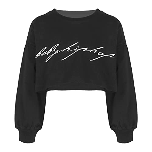 TiaoBug Sudadera de Deportivo sin Capucha para Niña Crop Top de Manga Larga Sólido Primavera Otoño Ropa de Deportiva Baile Callejero Hiphop Negro 5-6 años