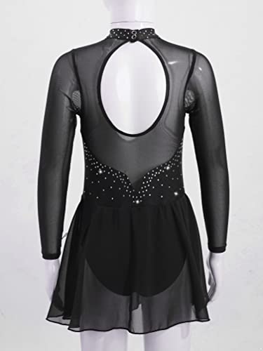 TiaoBug Vestido de Patinaje Artístico para Niña Maillot de Manga Larga con Lentejuelas Leotardo con Tutú de Danza Ballet Gimnasia Rítmica Traje de Baile Negro C 12 años