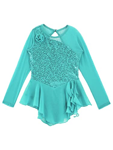 TiaoBug Vestido de Patinaje Artístico para Niña Maillot de Manga Larga con Lentejuelas Leotardo con Tutú de Danza Ballet Gimnasia Rítmica Traje de Baile Menta verde 8 años