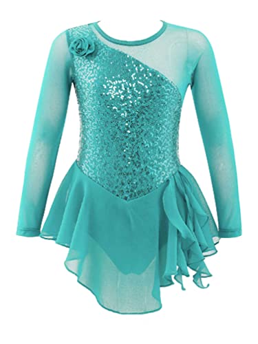 TiaoBug Vestido de Patinaje Artístico para Niña Maillot de Manga Larga con Lentejuelas Leotardo con Tutú de Danza Ballet Gimnasia Rítmica Traje de Baile Menta verde 8 años