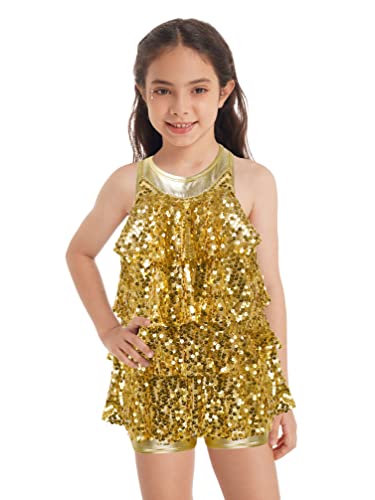 TiaoBug Vestido Lentejuelas de Danza para Niña Maillot Elástico de Patinaje Artístico Vestidos de Baile de Salón Danza Contemporáneo Jazz Vestido Brillante A Dorado 7-8 años