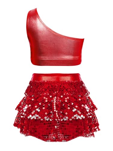 TiaoBug Vestido Lentejuelas de Danza para Niña Maillot Elástico de Patinaje Artístico Vestidos de Baile de Salón Danza Contemporáneo Jazz Vestido Brillante F Rojo 7-8 años