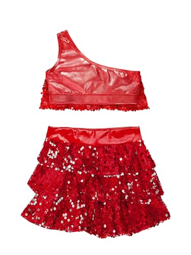 TiaoBug Vestido Lentejuelas de Danza para Niña Maillot Elástico de Patinaje Artístico Vestidos de Baile de Salón Danza Contemporáneo Jazz Vestido Brillante F Rojo 7-8 años