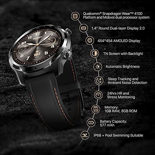 TicWatch Pro 3 Reloj inteligente con GPS para hombres y mujeres, Wear OS by Google, Pantalla de doble capa 2.0, Batería de larga duración, Negro