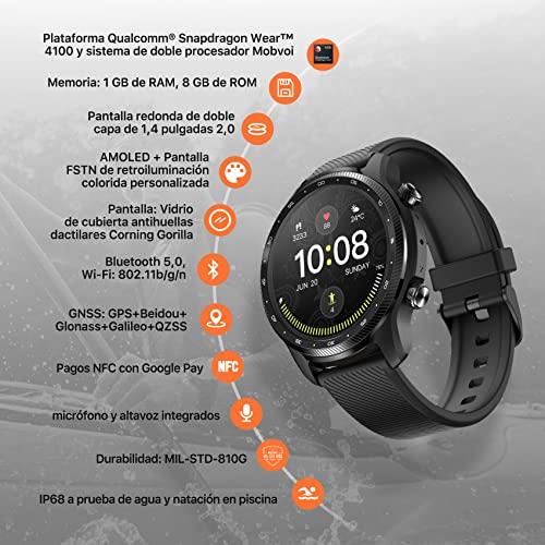 Ticwatch Pro 3 Ultra GPS Smartwatch Qualcomm SDW4100 y Mobvoi Sistema de procesador Dual Wear OS Smart Watch para Hombres Oxígeno en Sangre Detección IHB AFiB Evaluación de Fatiga 3-45 días Batería