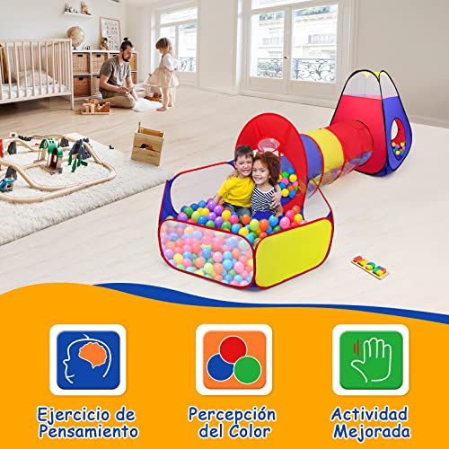 Tienda Campaña Infantil + Piscina de Bolas + Túnel Plegable 3 en 1 Pop Up, Opret Parque de Bolas Exterior o Interior, Juego de Regalo para Niños