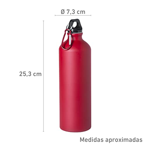 TIENDA EURASIA® Botella de Agua de Aluminio, Capacidad 800 ml, con Tapon de Seguridad y Mosqueton Metalico, Bidon Ligero para Trekking, Camping, Gimnasio, Color Rojo