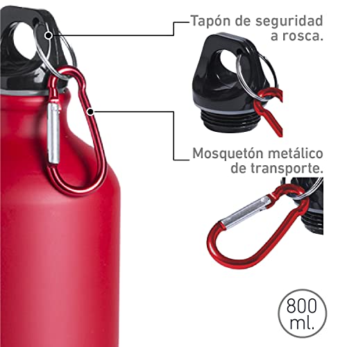 TIENDA EURASIA® Botella de Agua de Aluminio, Capacidad 800 ml, con Tapon de Seguridad y Mosqueton Metalico, Bidon Ligero para Trekking, Camping, Gimnasio, Color Rojo