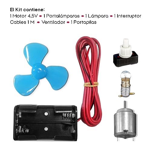 TIENDA EURASIA - Kit Electrico Escolar con Motor, 1 Motor 4,5V, 1 Portalámparas, 1 Lámpara, 1 Interruptor, Cables 1M, 1 Ventilador, 1 Portapilas AA, para Manualidades