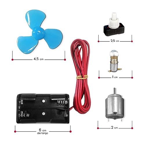 TIENDA EURASIA - Kit Electrico Escolar con Motor, 1 Motor 4,5V, 1 Portalámparas, 1 Lámpara, 1 Interruptor, Cables 1M, 1 Ventilador, 1 Portapilas AA, para Manualidades