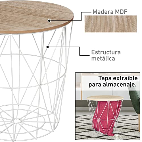 TIENDA EURASIA Mesa Auxiliar Nordica - Mesas Auxiliares de Centro - Estructura Metalica y Tapa de Madera Extraible - Ideal para Combinar en Salones y Dormitorios (D 41 x H 40 cm, White)