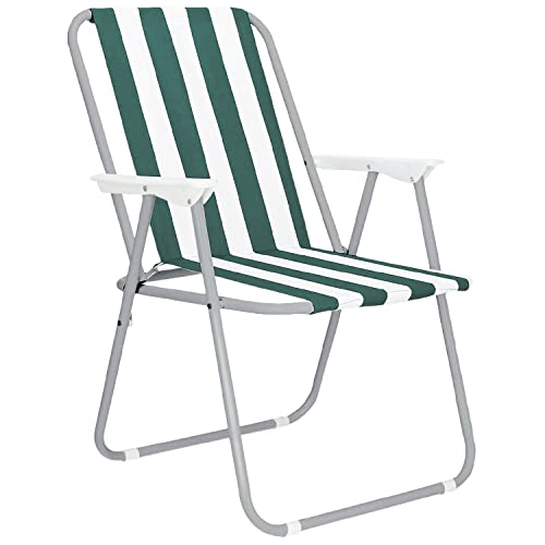 TIENDA EURASIA® Silla de Playa Plegable con Reposabrazos - Estructura de Acero Resistente - Asiento de Lona Impermeable - Estampado a Rayas - 75 x 53 x 43 cm - Ideal para Playa o Camping (Green)