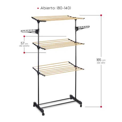 TIENDA EURASIA - Tendedero 3 Alturas, Metal Hierro, Color Negro y Natural, Abierto 80-140 x 57cm x 165cm y Tubo: 22mm x 19mm x 9mm, Vertical Plegable, con Ruedas y Fácil de Mover