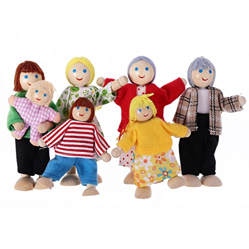 TIESOME Figuras Familiares de casa de muñecas, 7 Unidades de Madera casa de muñecas Familia Personas Mini muñecas Familiares Ajustables Figuras de Juego de rol Figuras Miniatura Accesorios (C)