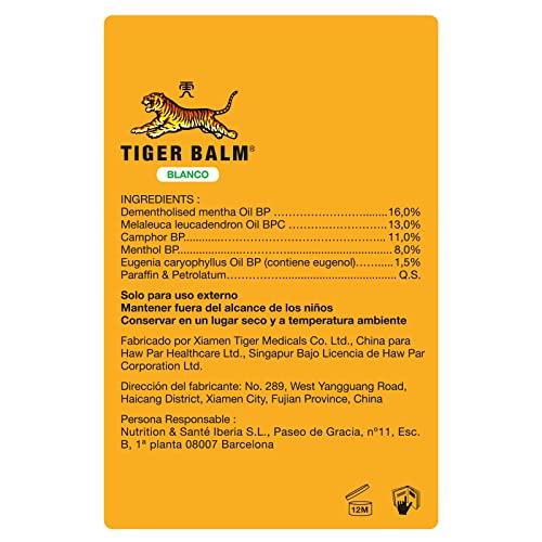 TIGER BALM BLANCO - Bálsamo de Tigre Efecto Frío - Producto para Masaje a Base de Mezclas de Ingredientes Herbales - para Uso Externo - 19g