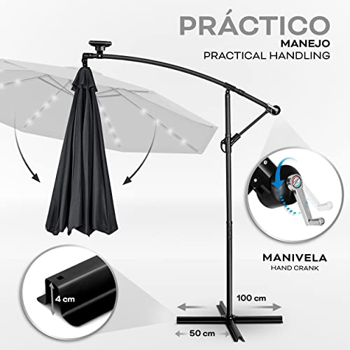 tillvex 300 cm Sombrilla Excentrico con 32 Luces LED Solar | Parasol para Terraza Jardín Balcón Patio | con Manivela y Base en Cruz, giratorio 360º, Protección UV