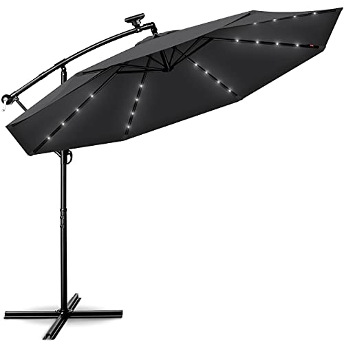 tillvex 300 cm Sombrilla Excentrico con 32 Luces LED Solar | Parasol para Terraza Jardín Balcón Patio | con Manivela y Base en Cruz, giratorio 360º, Protección UV