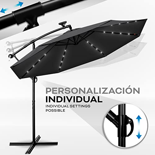 tillvex 300 cm Sombrilla Excentrico con 32 Luces LED Solar | Parasol para Terraza Jardín Balcón Patio | con Manivela y Base en Cruz, giratorio 360º, Protección UV