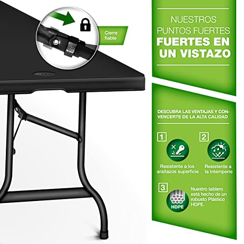 tillvex Mesa Plegable Multifuncional 180 x 75 cm | Mesa Portátil de Jardín, Terraza, Exterior, Balcón, Picnic | Mesa de Camping de Plástico para 6 Personas (Negro)