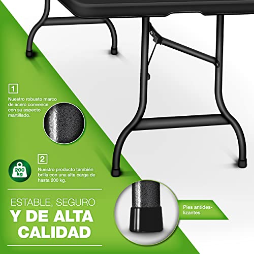 tillvex Mesa Plegable Multifuncional 180 x 75 cm | Mesa Portátil de Jardín, Terraza, Exterior, Balcón, Picnic | Mesa de Camping de Plástico para 6 Personas (Negro)