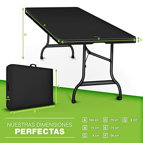 tillvex Mesa Plegable Multifuncional 180 x 75 cm | Mesa Portátil de Jardín, Terraza, Exterior, Balcón, Picnic | Mesa de Camping de Plástico para 6 Personas (Negro)