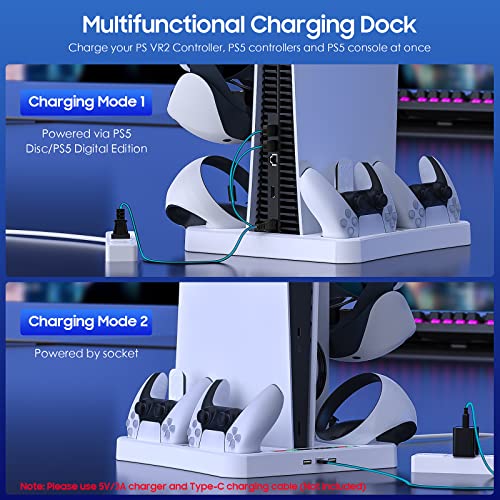 TiMOVO 3 en 1 Soporte de Cargar para PS5 Disco/Digital/PS VR2 Controlador, Base de Carga para Mandos Carga Magnética con Ventilador de Refrigeración de Consola, Indicadores LED, PS5 Accesorios, Blanco