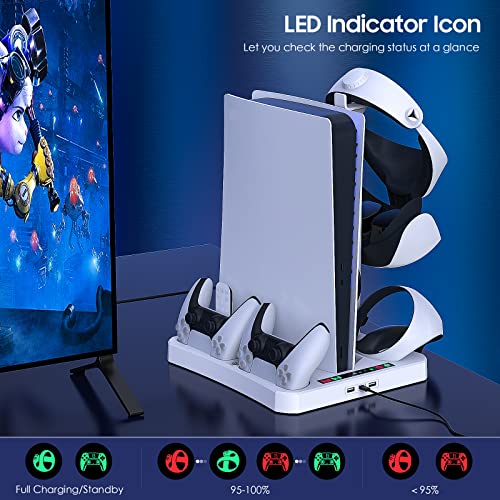 TiMOVO 3 en 1 Soporte de Cargar para PS5 Disco/Digital/PS VR2 Controlador, Base de Carga para Mandos Carga Magnética con Ventilador de Refrigeración de Consola, Indicadores LED, PS5 Accesorios, Blanco