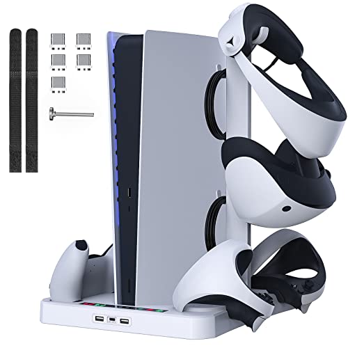 TiMOVO 3 en 1 Soporte de Cargar para PS5 Disco/Digital/PS VR2 Controlador, Base de Carga para Mandos Carga Magnética con Ventilador de Refrigeración de Consola, Indicadores LED, PS5 Accesorios, Blanco