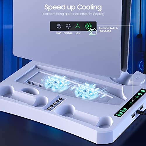 TiMOVO 3 en 1 Soporte de Cargar para PS5 Disco/Digital/PS VR2 Controlador, Base de Carga para Mandos Carga Magnética con Ventilador de Refrigeración de Consola, Indicadores LED, PS5 Accesorios, Blanco